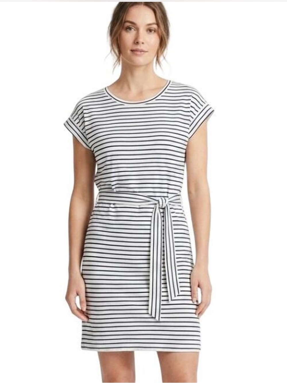 J. Crew Black & White Striped Midi Tie-Waist Dress